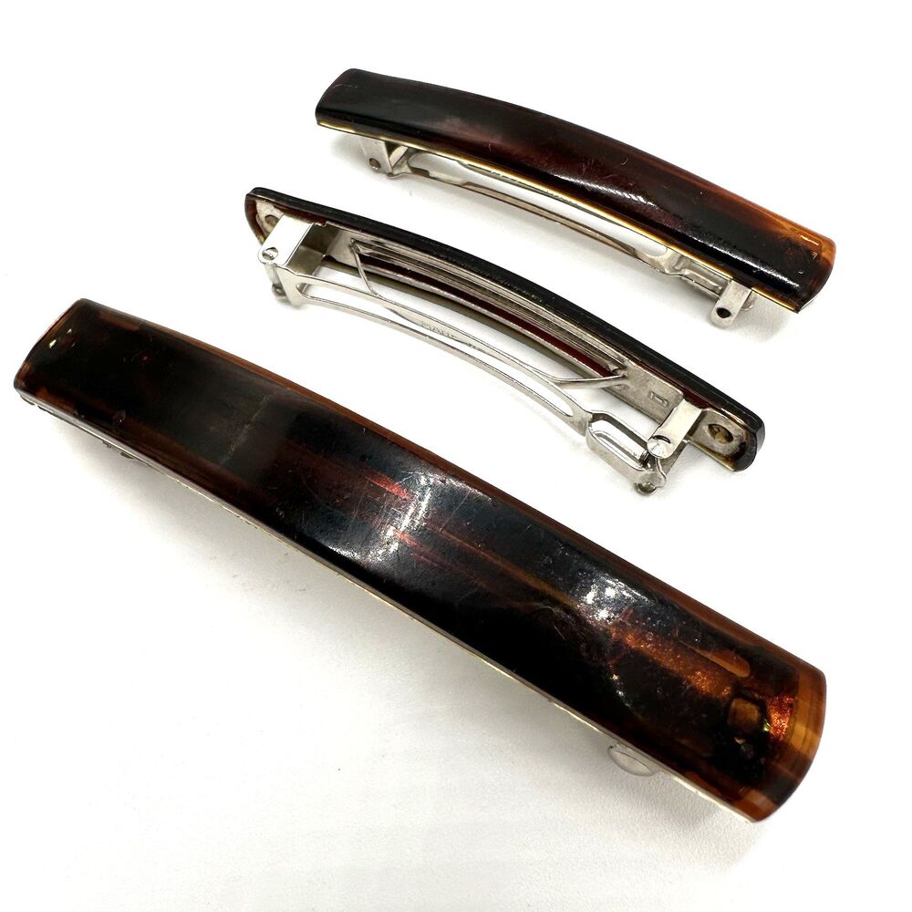 Y2K Retro Hair Barrettes (3) Metal Clip Women Tortoise Brown Long Thin Rectangle
